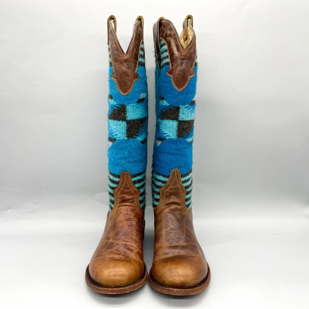 Stetson Womens 9 Serape Aztec Blanket Boots Shoe Blue Brown Tall Western Cowgirl_2